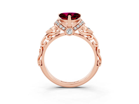 Rose gold Heart Cut Garnet Solitaire Ring with Filigree Band and Four-Prong Setting_27