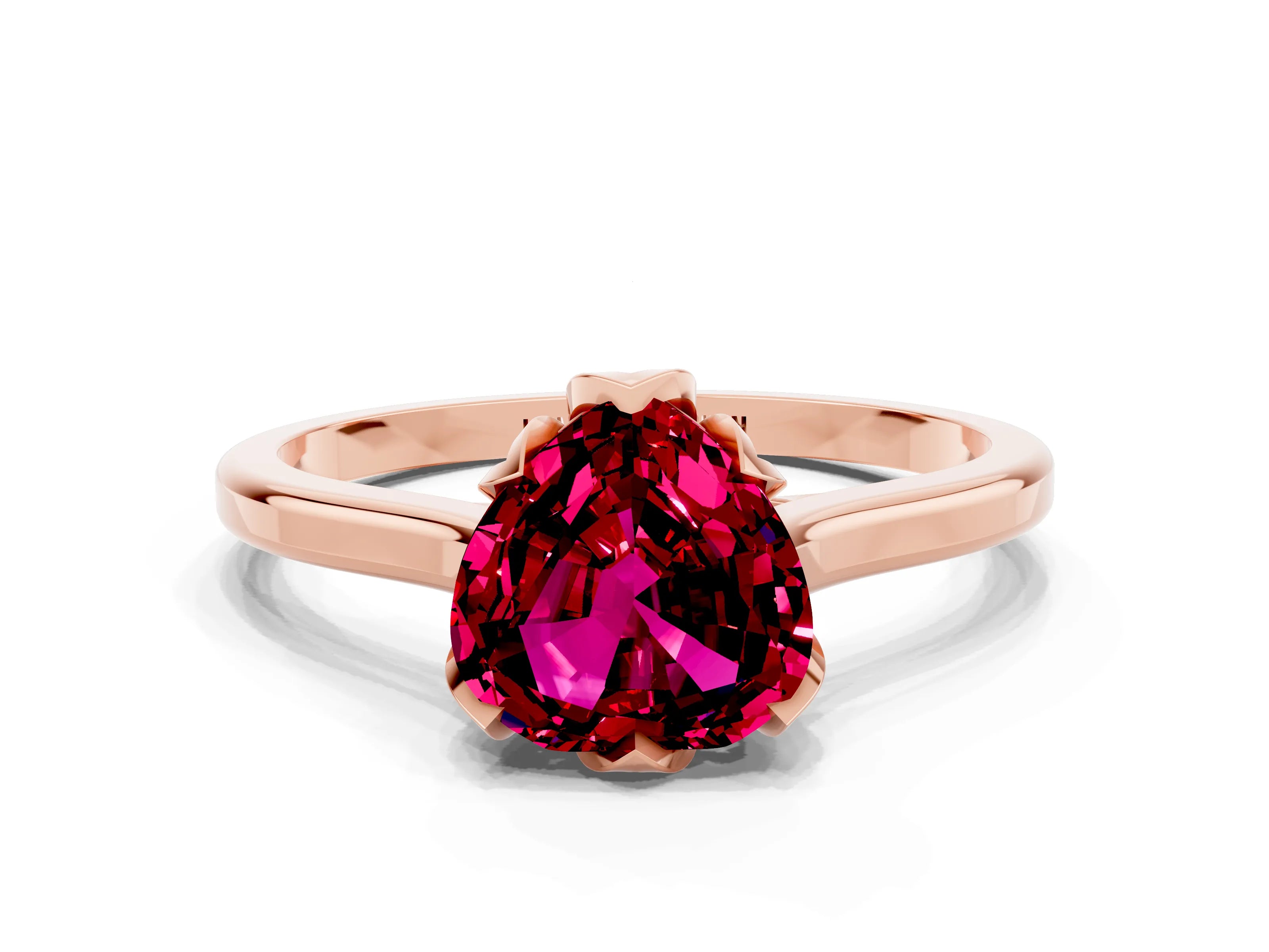 Rose gold Heart Cut Garnet Solitaire Ring with Flower Prong Setting and Classic Band_12