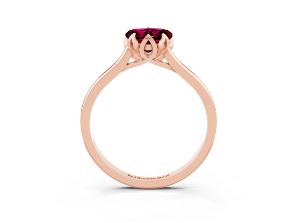 Rose gold Heart Cut Garnet Solitaire Ring with Flower Prong Setting and Classic Band