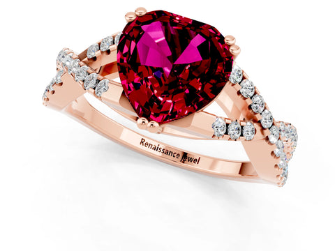 Rose gold Heart Cut Garnet Solitaire Ring with Four-Prong Setting and Twisted Pavé Band_1
