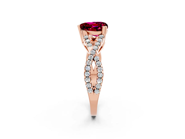 Rose gold Heart Cut Garnet Solitaire Ring with Four-Prong Setting and Twisted Pavé Band