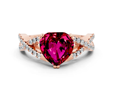 Rose gold Heart Cut Garnet Solitaire Ring with Four-Prong Setting and Twisted Pavé Band