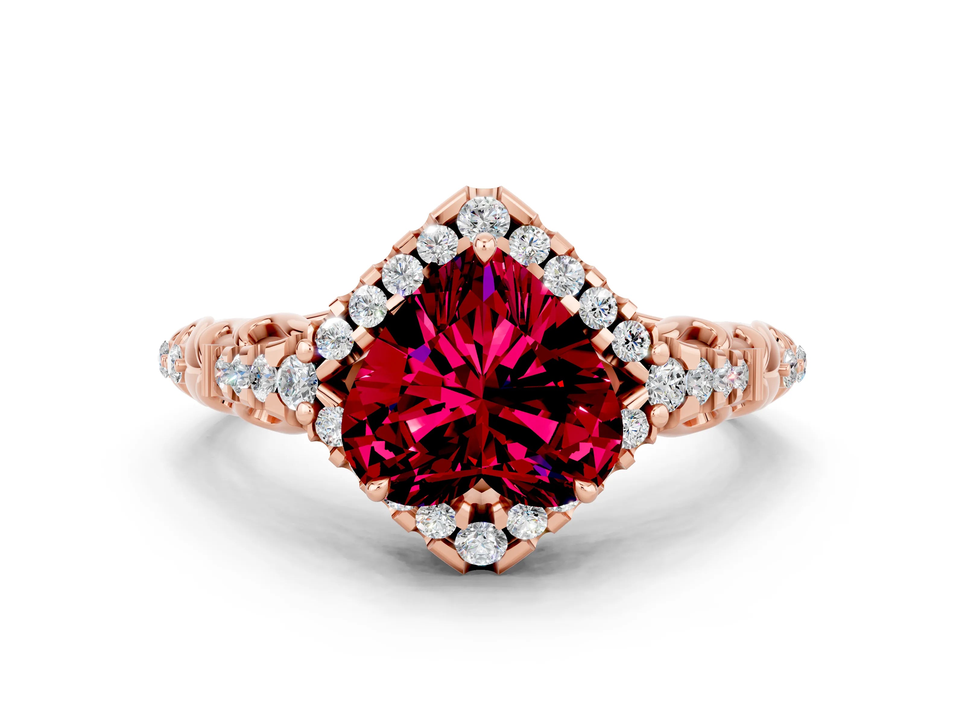 Rose gold Heart Cut Garnet Solitaire Ring with Hidden Halo and Pavé Band_12