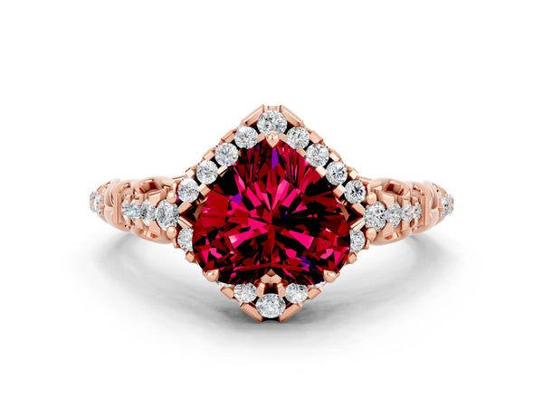 Rose gold Heart Cut Garnet Solitaire Ring with Hidden Halo and Pavé Band