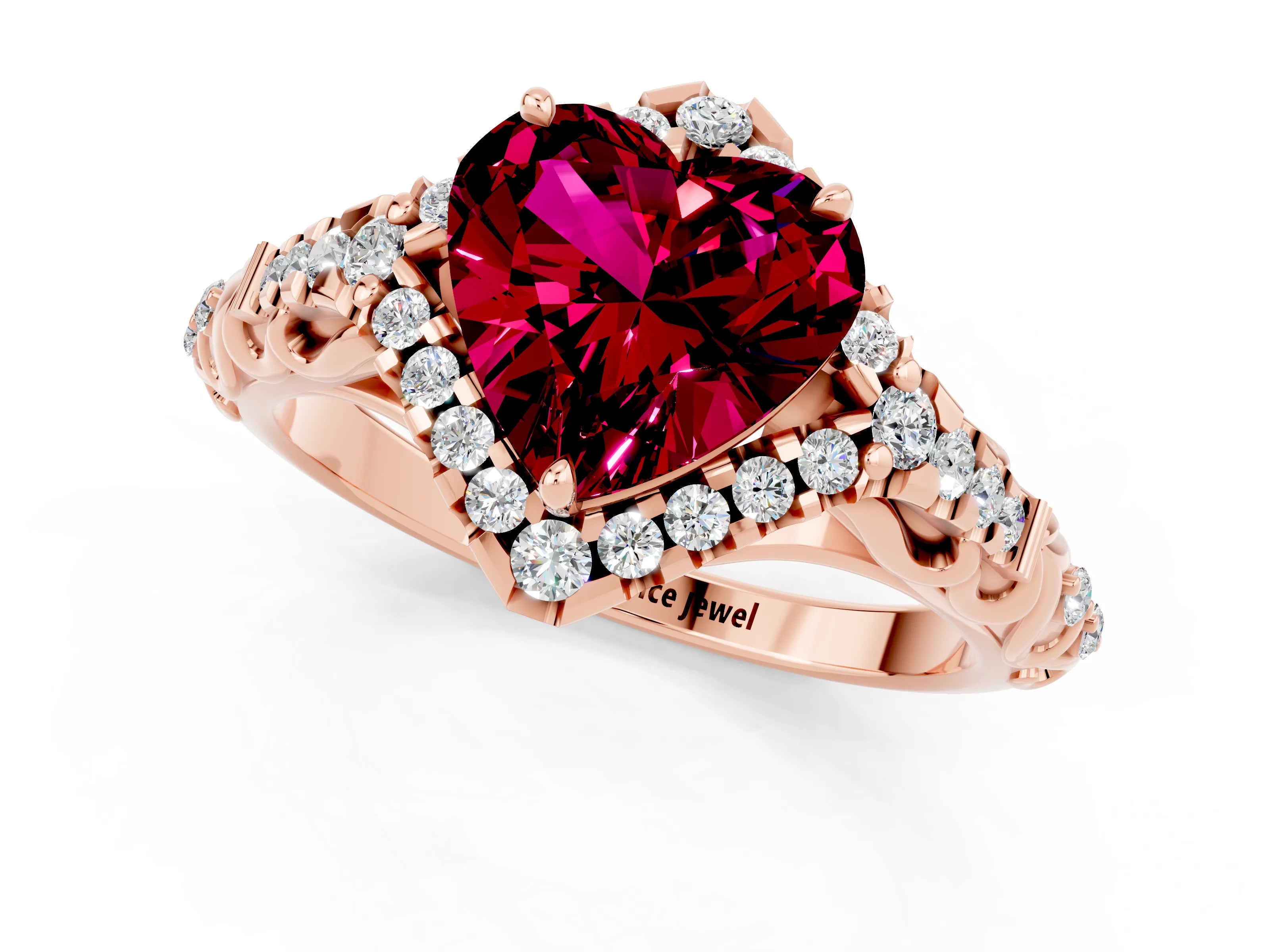Rose gold Heart Cut Garnet Solitaire Ring with Hidden Halo and Pavé Band_13