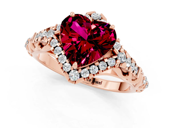 Rose gold Heart Cut Garnet Solitaire Ring with Hidden Halo and Pavé Band