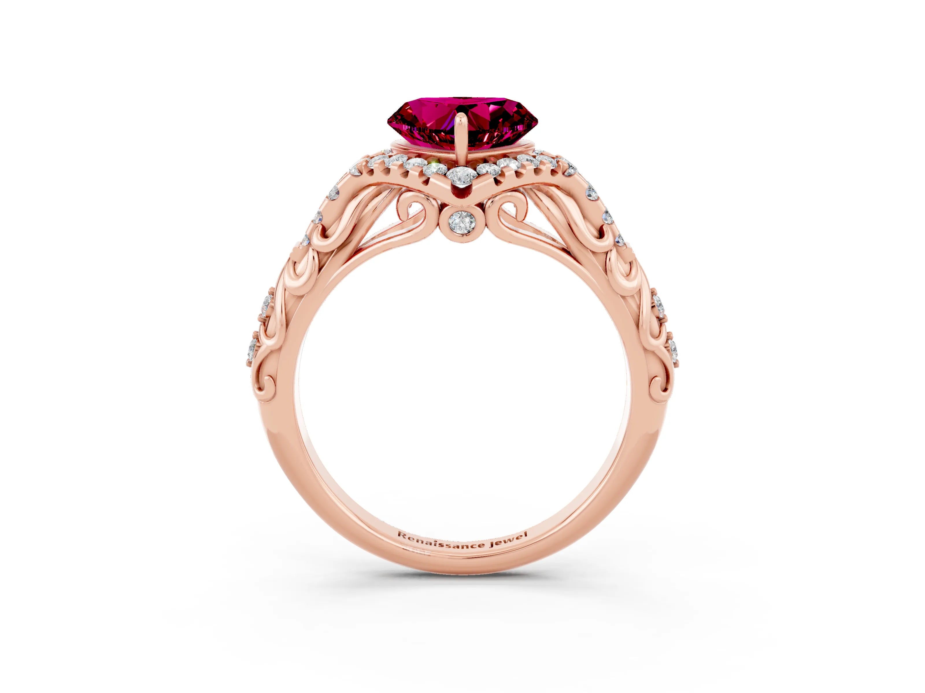 Rose gold Heart Cut Garnet Solitaire Ring with Hidden Halo and Pavé Band_15
