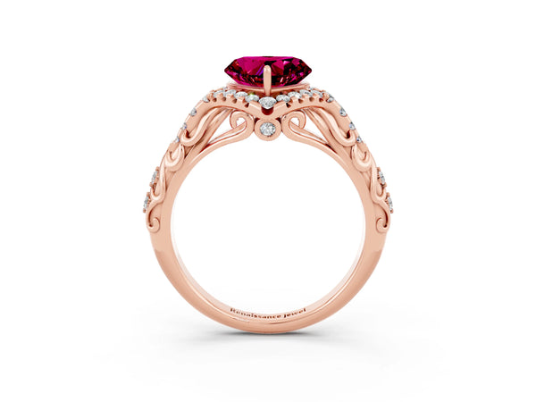 Rose gold Heart Cut Garnet Solitaire Ring with Hidden Halo and Pavé Band