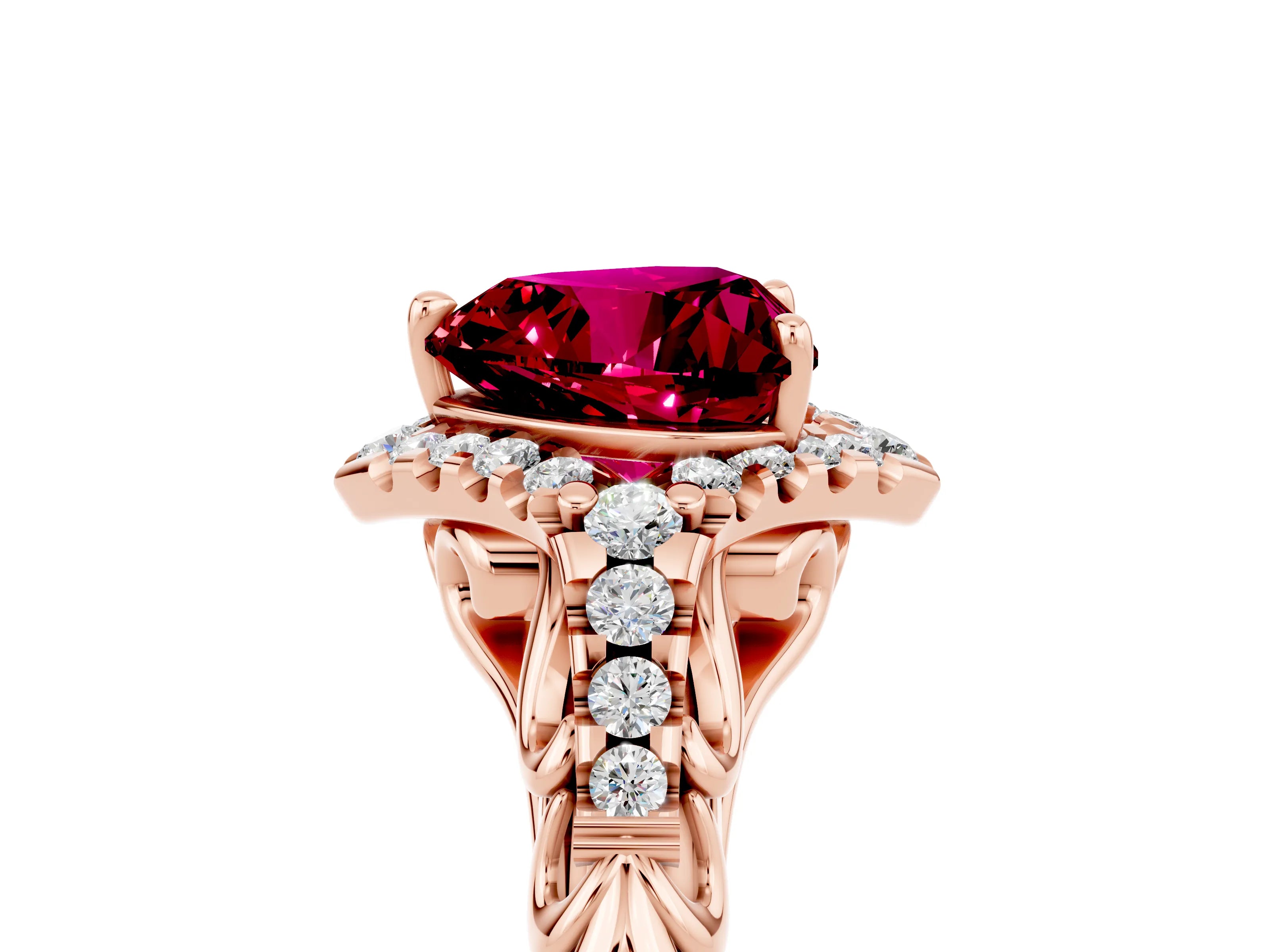 Rose gold Heart Cut Garnet Solitaire Ring with Hidden Halo and Pavé Band_17