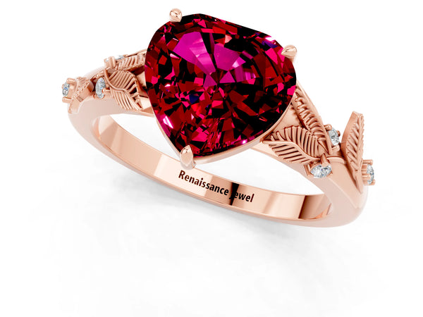 Rose gold Heart Cut Garnet Solitaire Ring with Leaf Motif Band and Four-Prong Setting