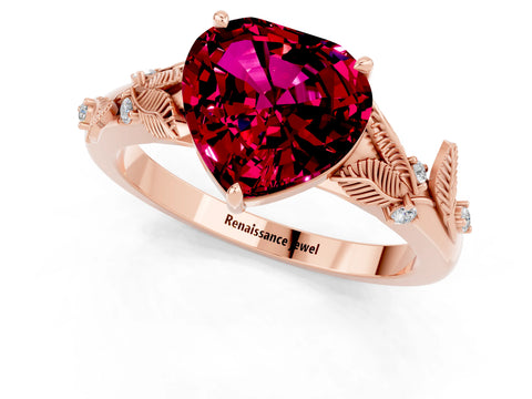 Rose gold Heart Cut Garnet Solitaire Ring with Leaf Motif Band and Four-Prong Setting_1