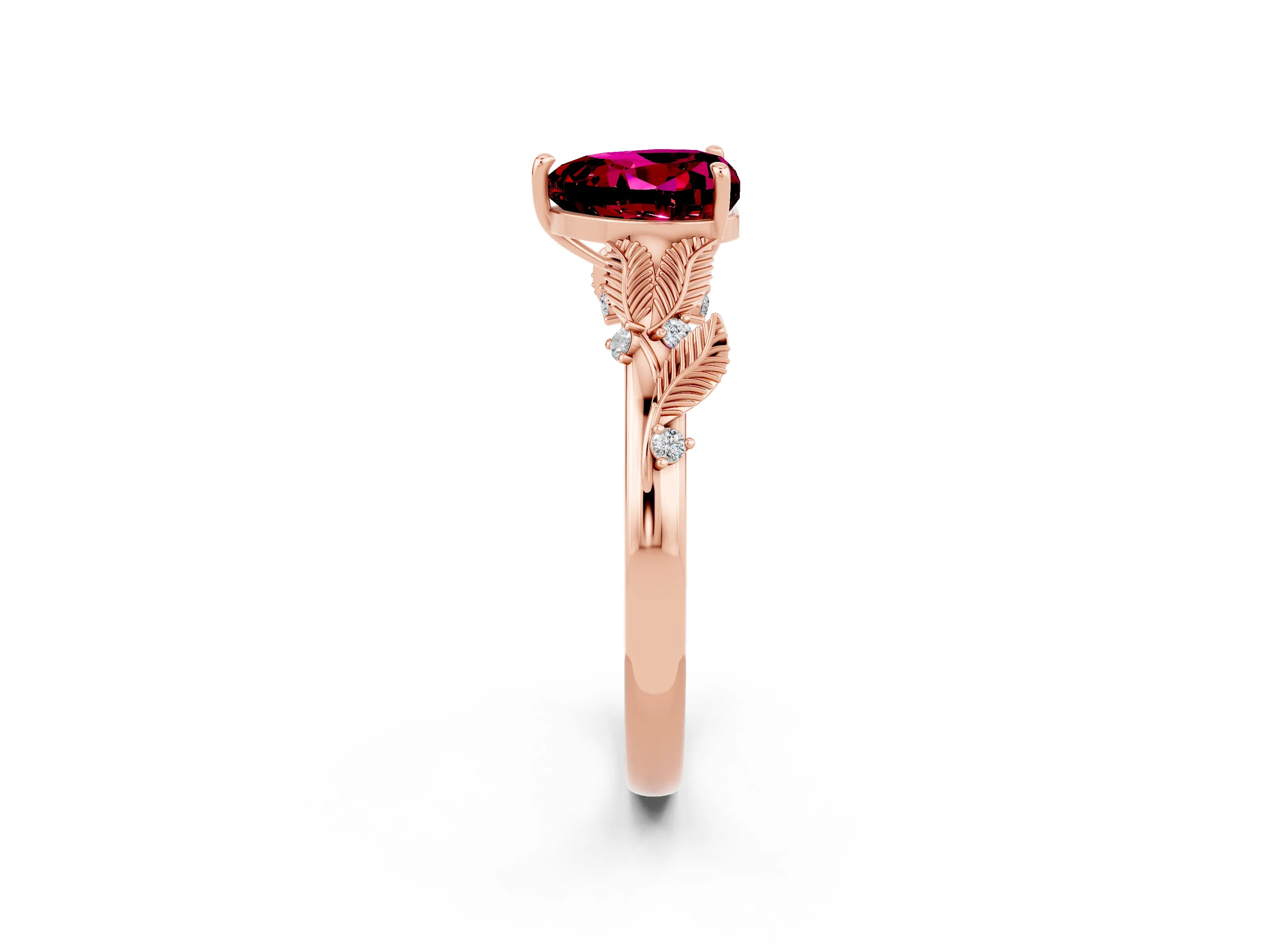 Rose gold Heart Cut Garnet Solitaire Ring with Leaf Motif Band and Four-Prong Setting_2