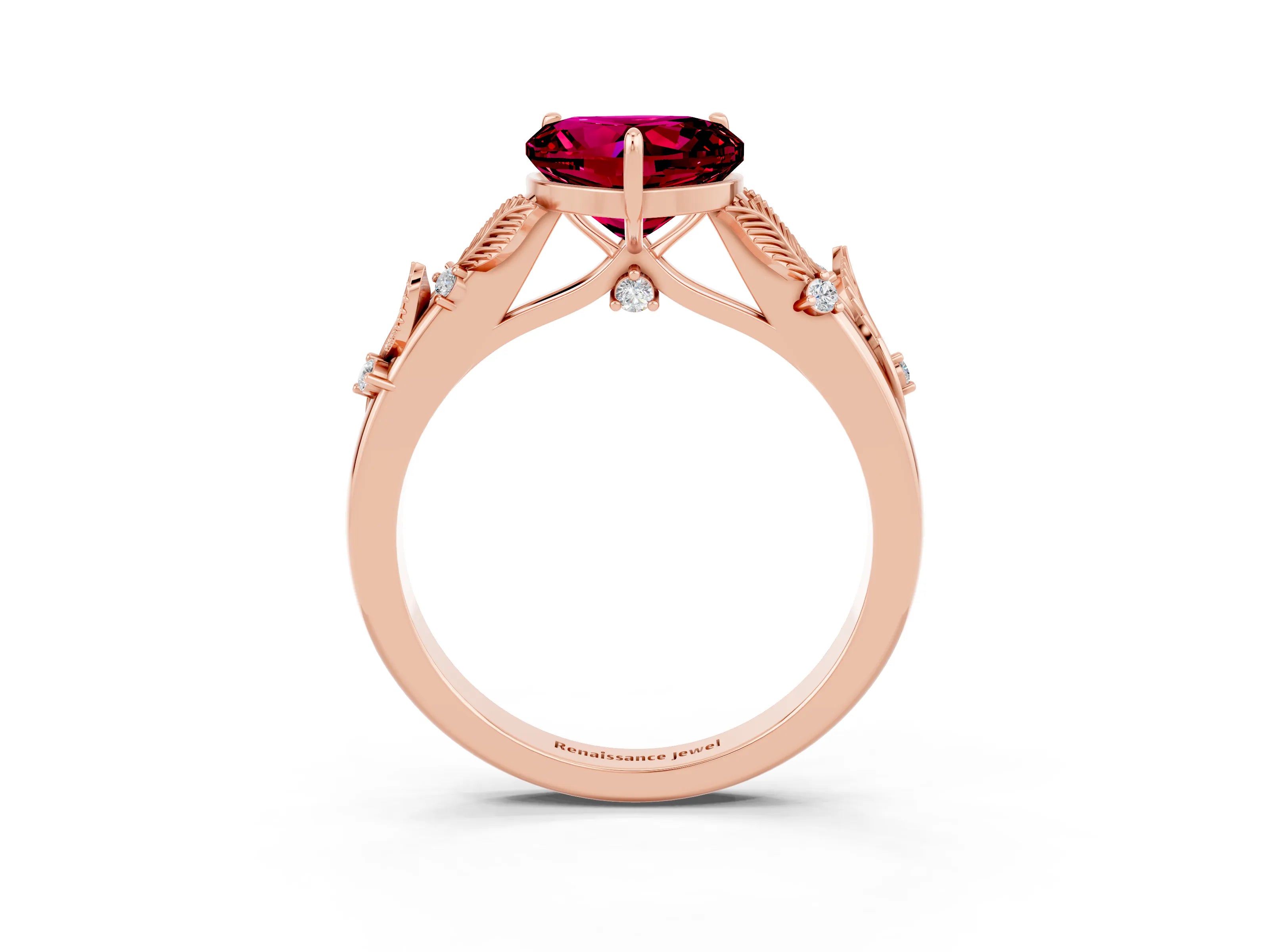 Rose gold Heart Cut Garnet Solitaire Ring with Leaf Motif Band and Four-Prong Setting_3