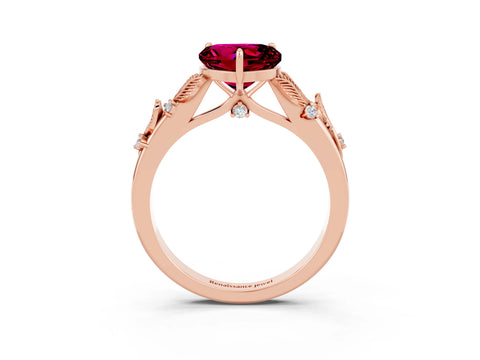 Rose gold Heart Cut Garnet Solitaire Ring with Leaf Motif Band and Four-Prong Setting_3