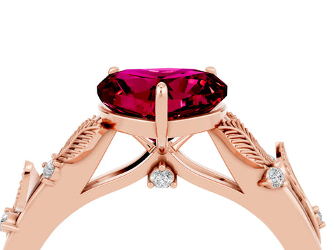 Rose gold Heart Cut Garnet Solitaire Ring with Leaf Motif Band and Four-Prong Setting_4