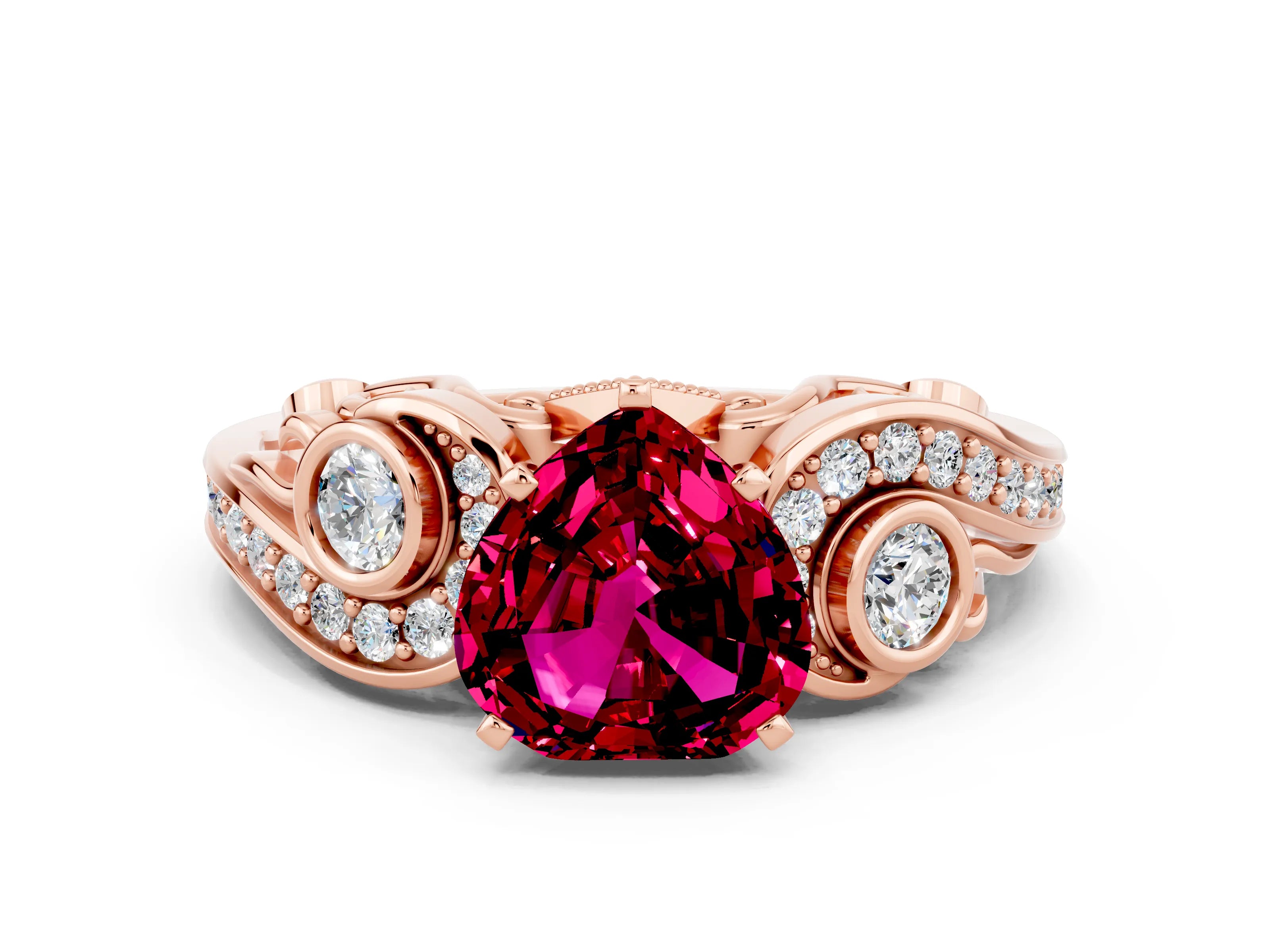 Rose gold Heart Cut Garnet Solitaire Ring with Milgrain Pavé Band and Four-Prong Setting_24