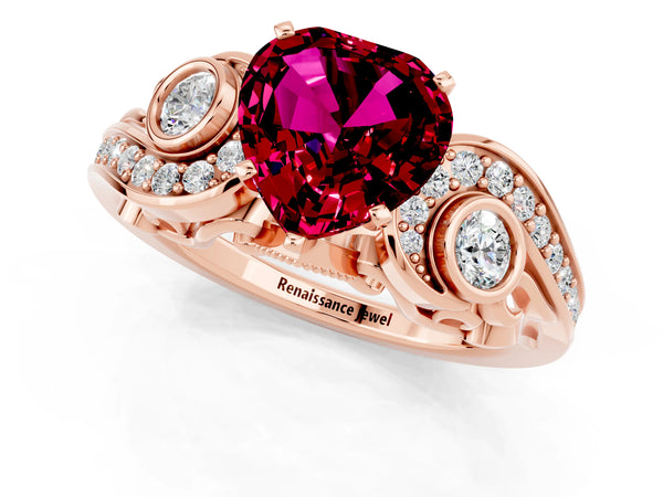 Rose gold Heart Cut Garnet Solitaire Ring with Milgrain Pavé Band and Four-Prong Setting