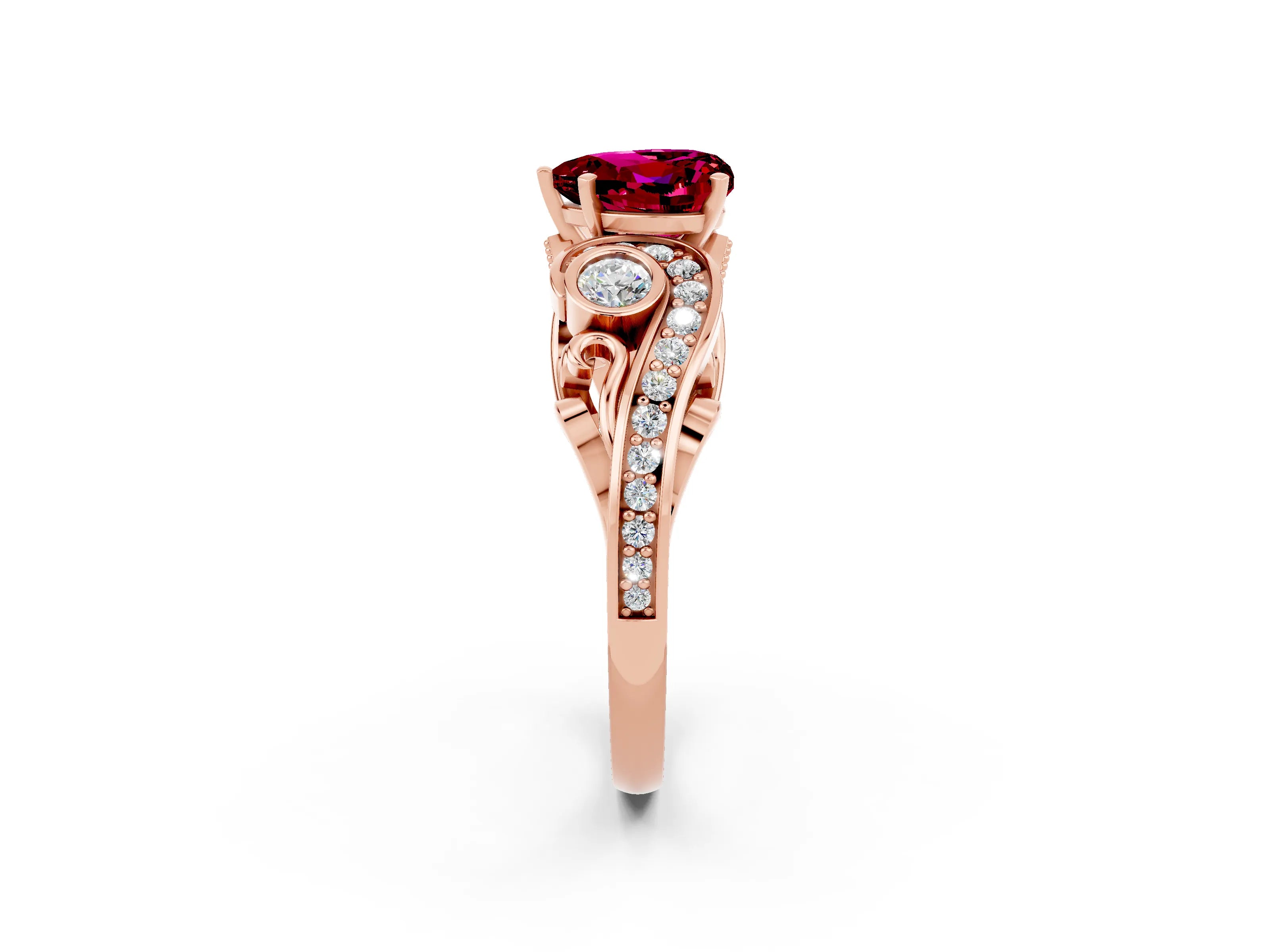 Rose gold Heart Cut Garnet Solitaire Ring with Milgrain Pavé Band and Four-Prong Setting_26