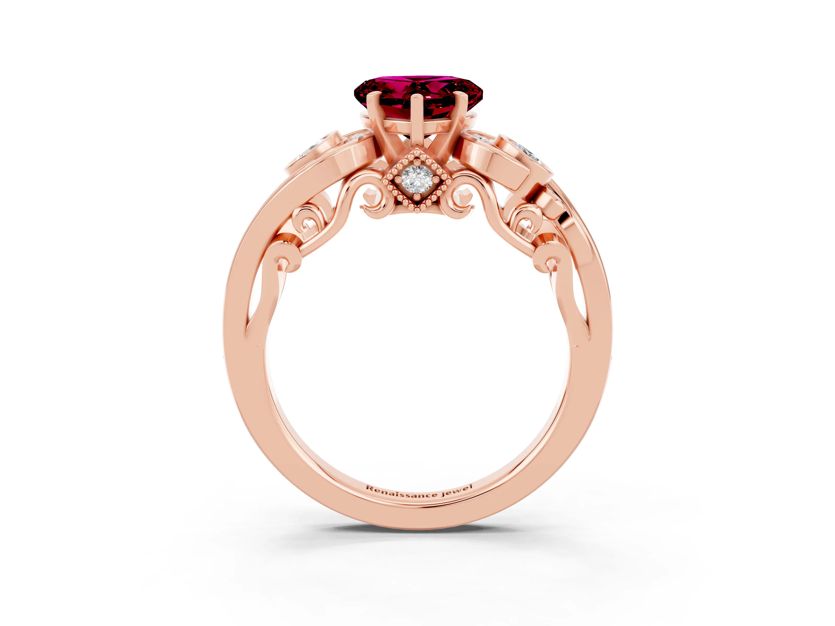 Rose gold Heart Cut Garnet Solitaire Ring with Milgrain Pavé Band and Four-Prong Setting_27