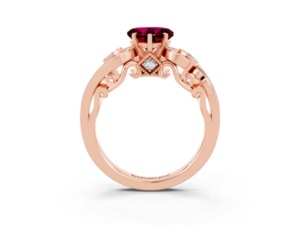 Rose gold Heart Cut Garnet Solitaire Ring with Milgrain Pavé Band and Four-Prong Setting