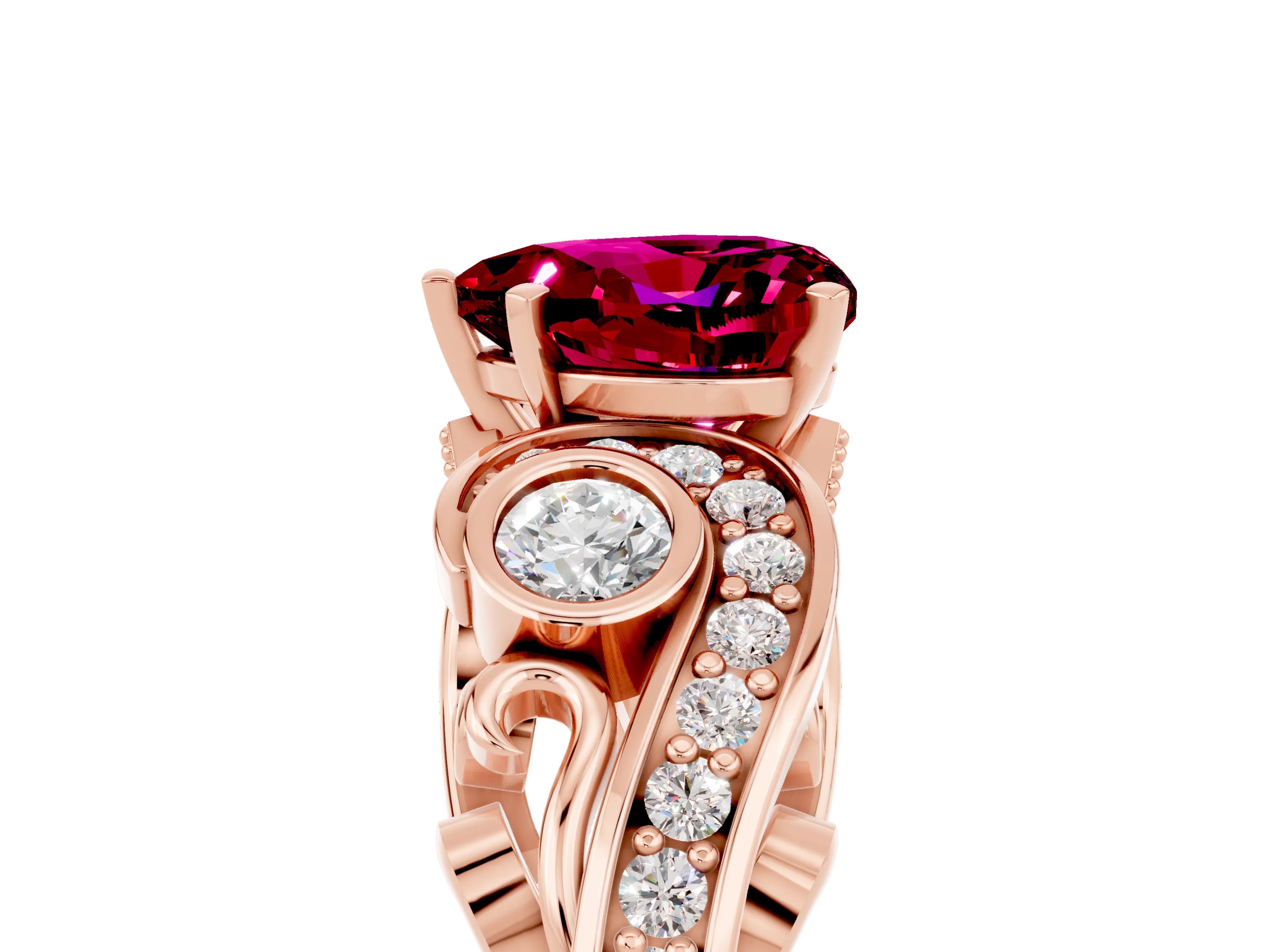 Rose gold Heart Cut Garnet Solitaire Ring with Milgrain Pavé Band and Four-Prong Setting_29