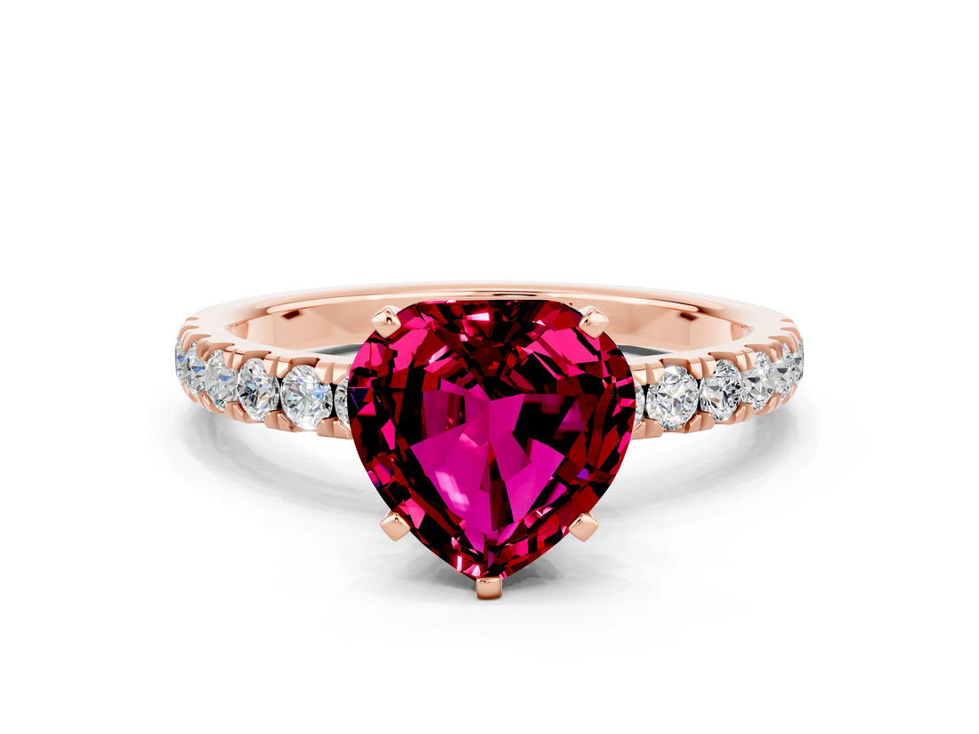 Rose gold Heart Cut Garnet Solitaire Ring with Pavé Accents and Four-Prong Setting