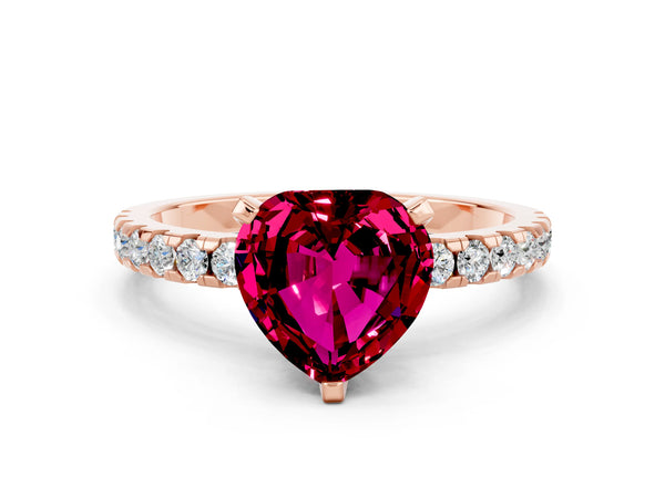 Rose gold Heart Cut Garnet Solitaire Ring with Round  Pavé Band and Four-Prong Setting