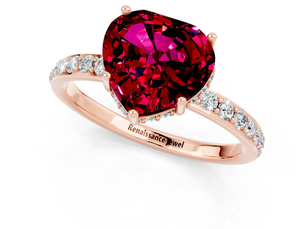 Rose gold Heart Cut Garnet Solitaire Ring with Pavé Band and Hidden Halo