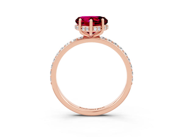 Rose gold Heart Cut Garnet Solitaire Ring with Pavé Band and Hidden Halo