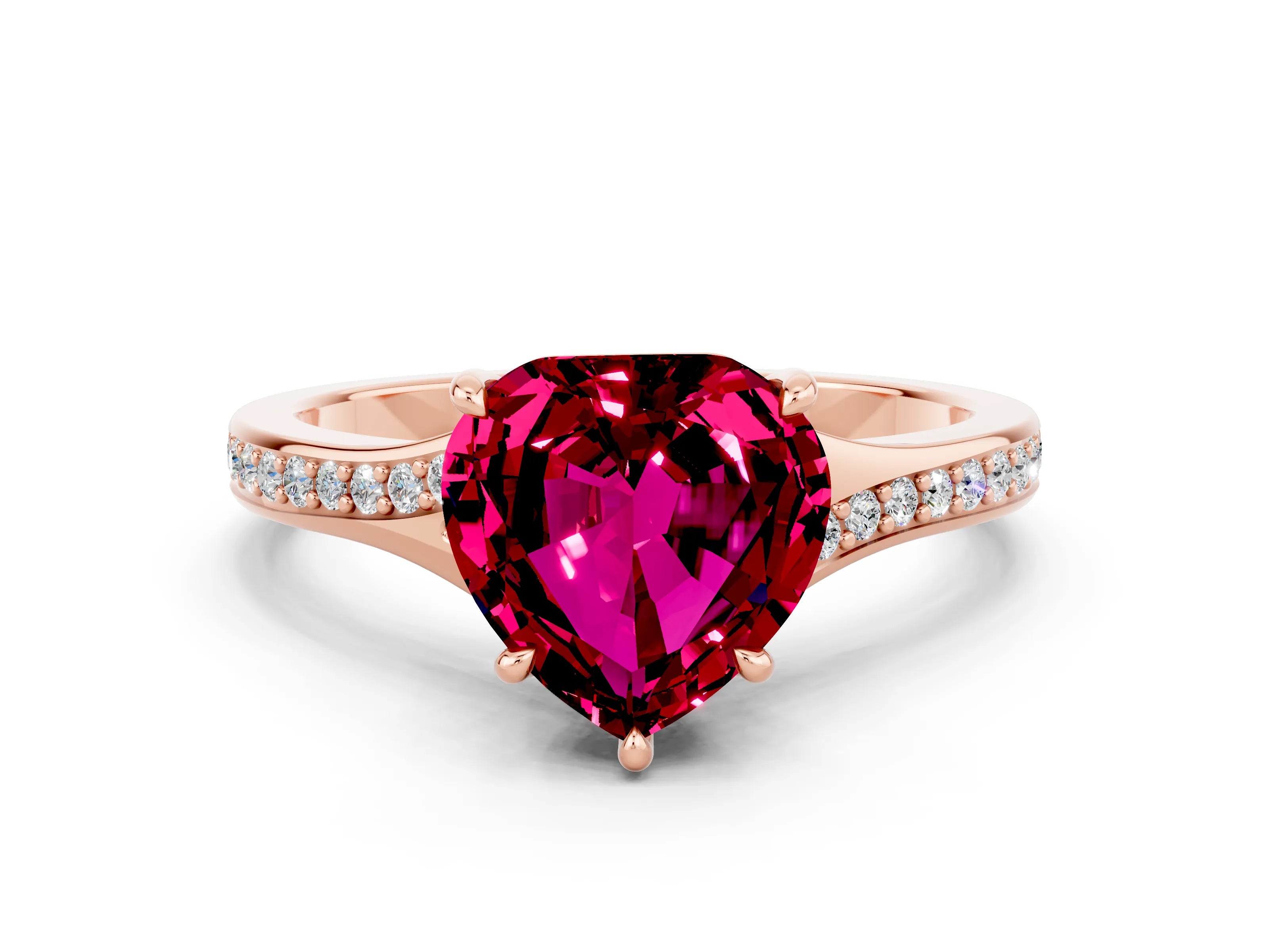 Rose gold Heart Cut Garnet Solitaire Ring with Pavé Band and Prong Setting