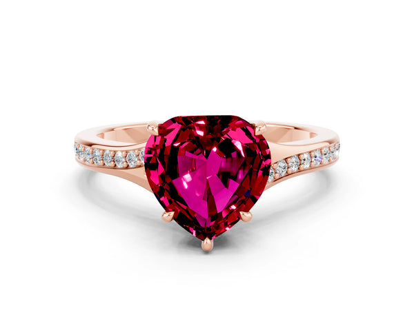 Rose gold Heart Cut Garnet Solitaire Ring with Pavé Band and Prong Setting
