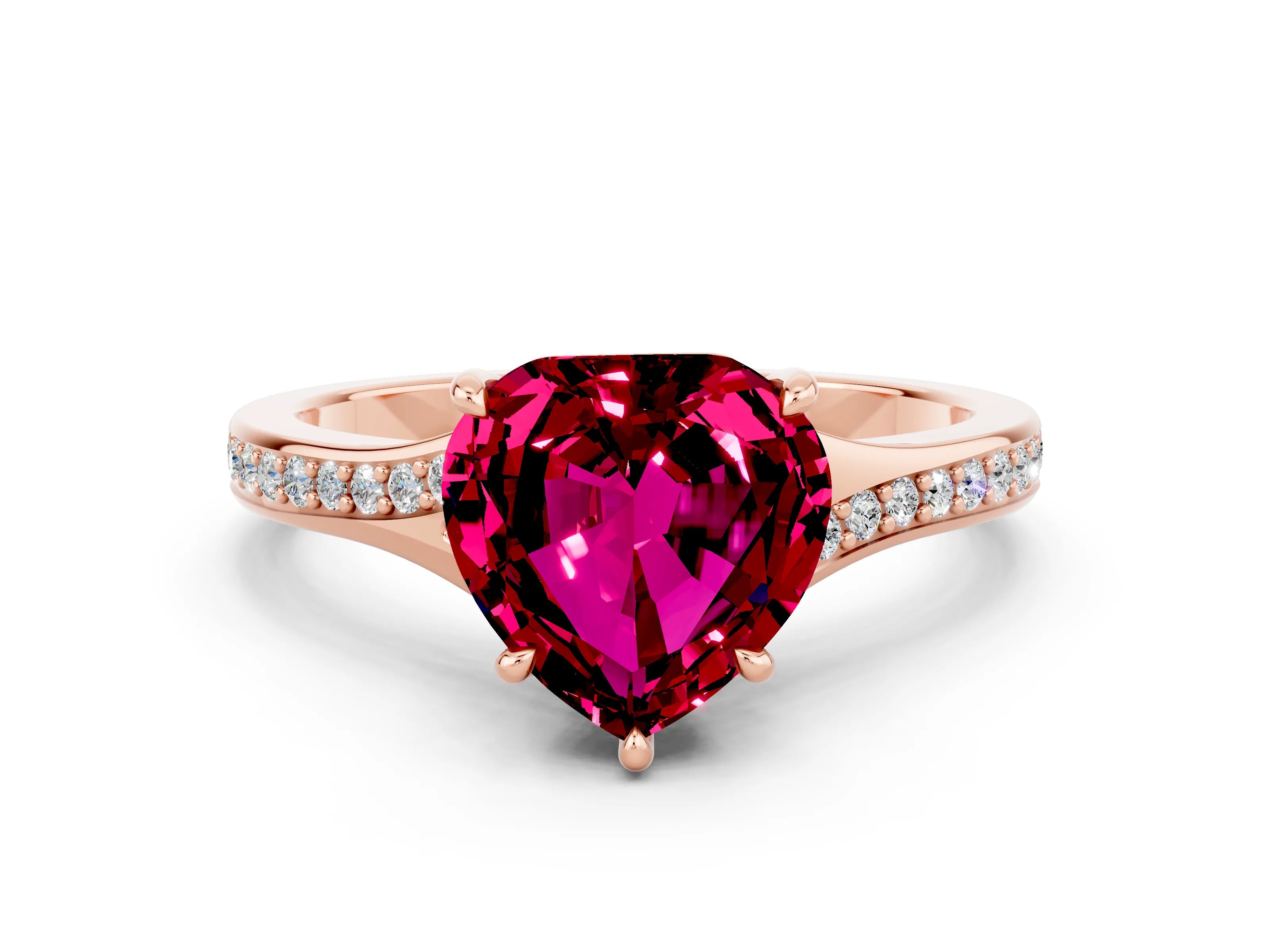 Rose gold Heart Cut Garnet Solitaire Ring with Pavé Band and Prong Setting_12