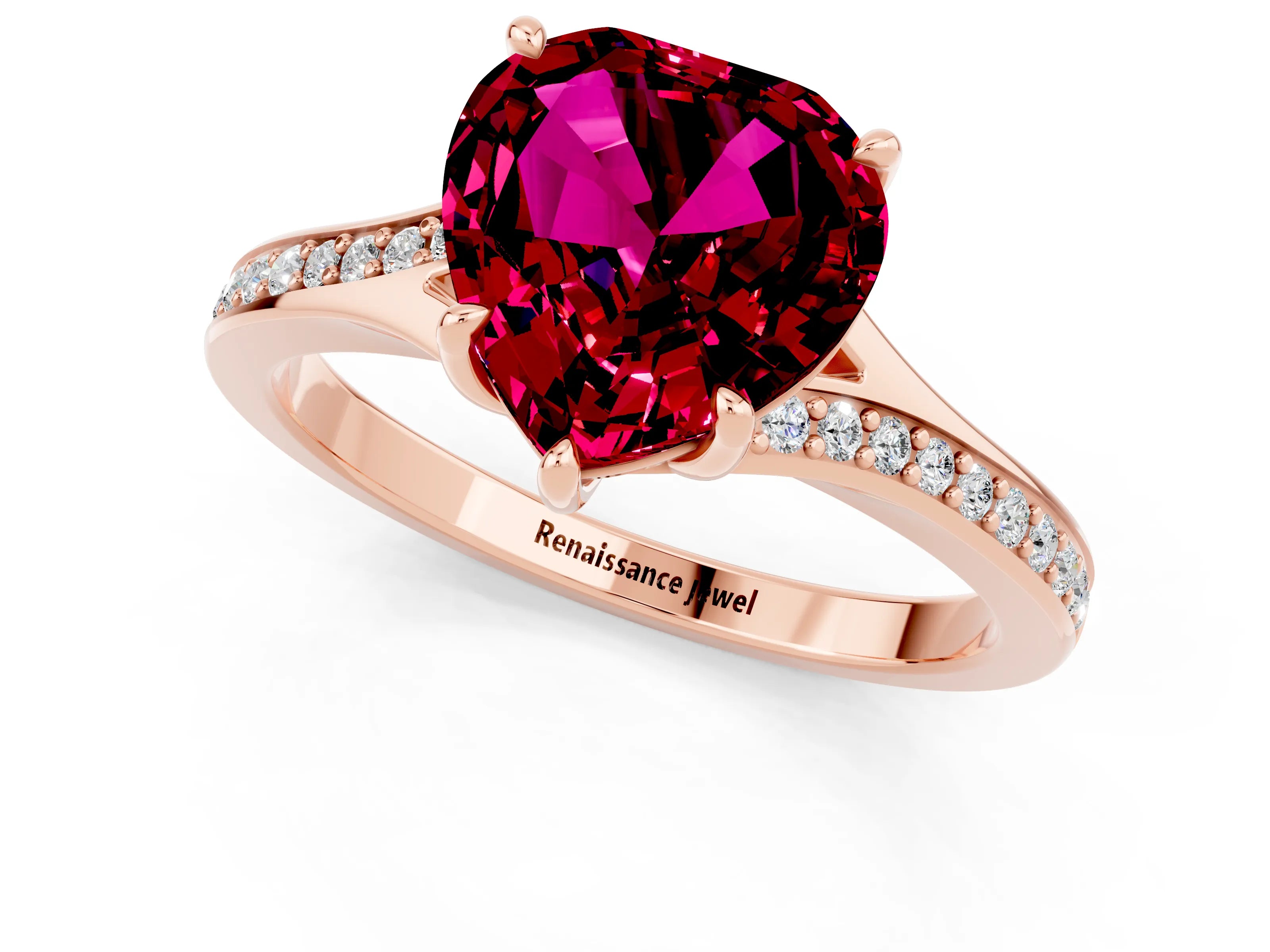 Rose gold Heart Cut Garnet Solitaire Ring with Pavé Band and Prong Setting_13