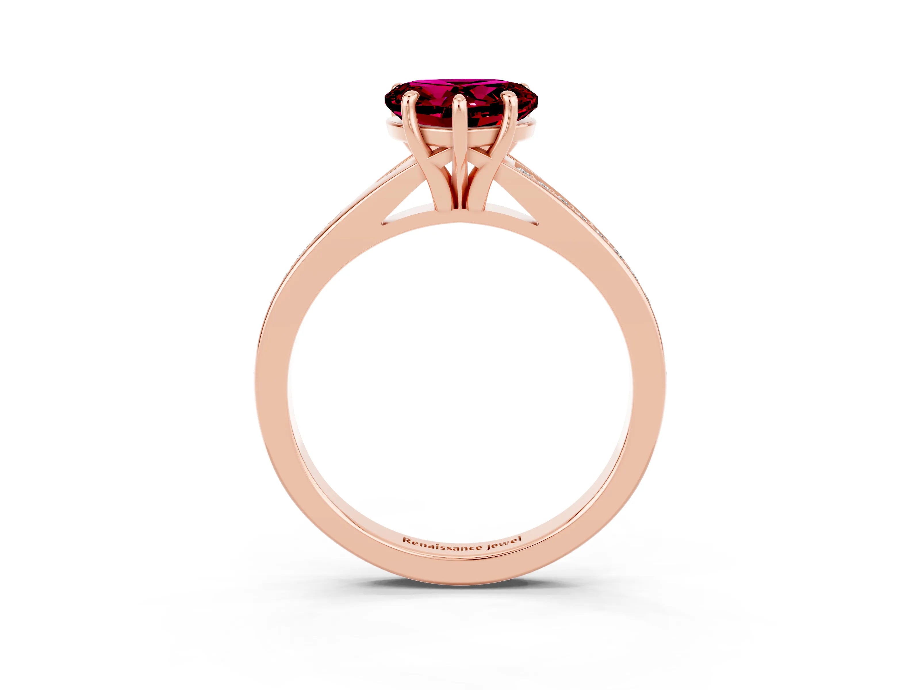 Rose gold Heart Cut Garnet Solitaire Ring with Pavé Band and Prong Setting_15