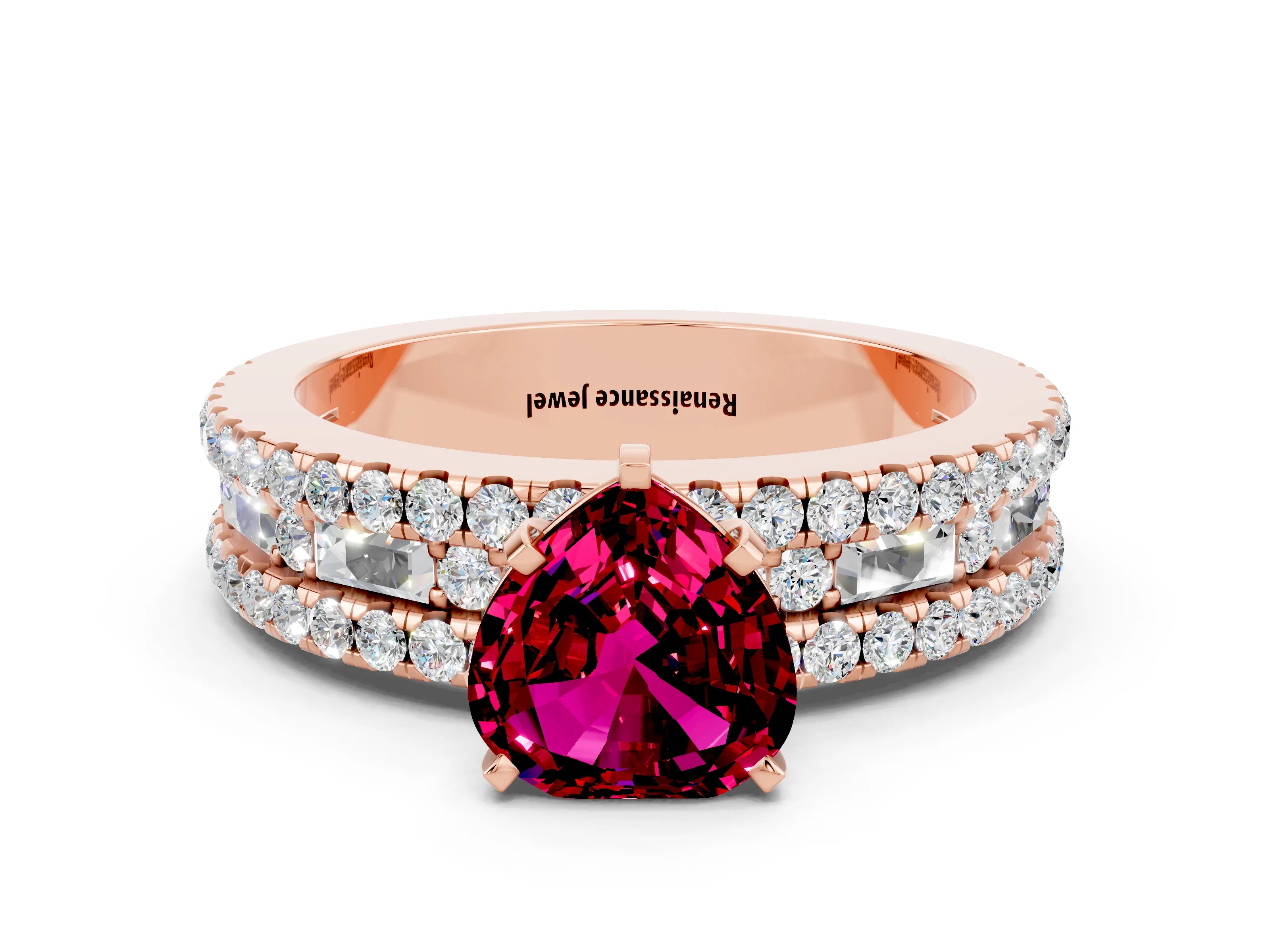 Rose gold Heart Cut Garnet Solitaire Ring with Pavé and Channel Set Band