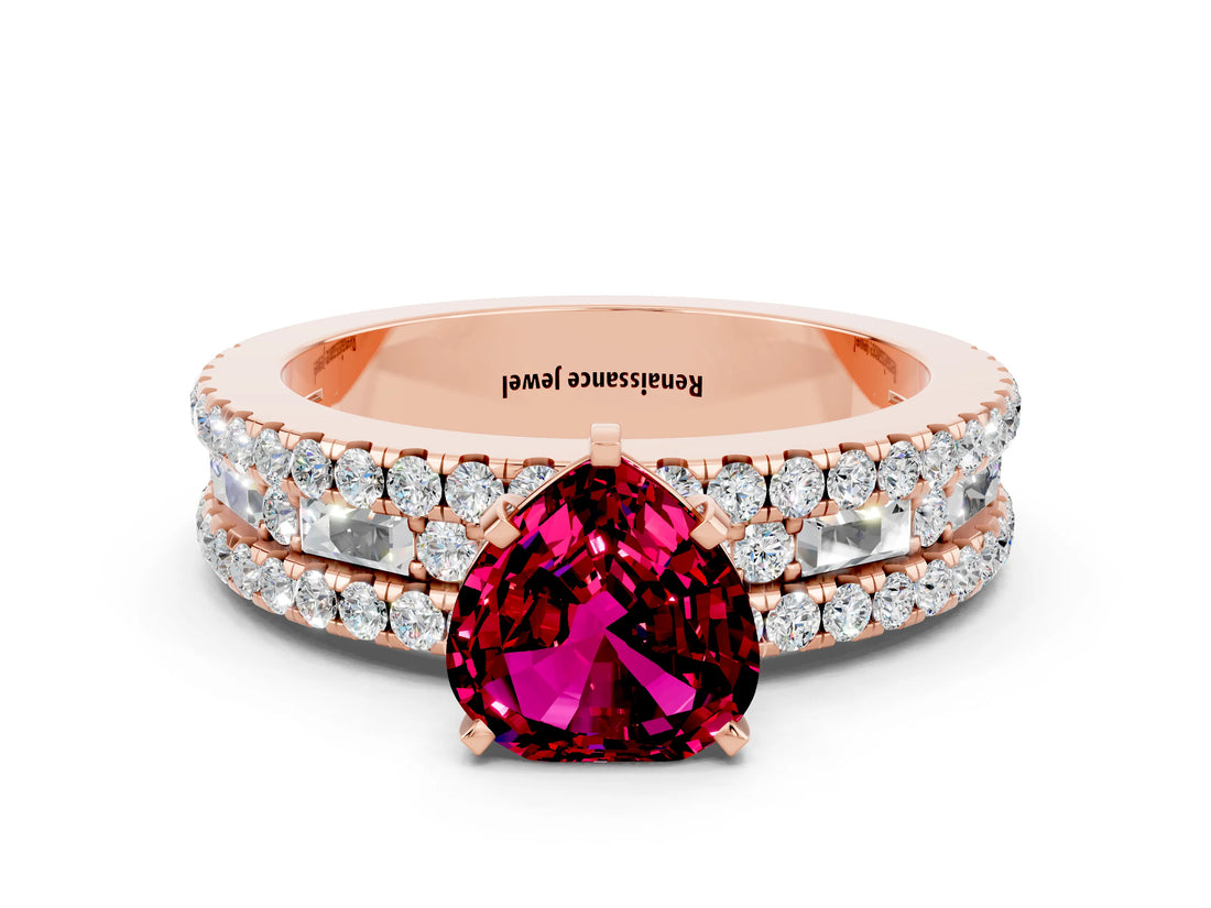 Rose gold Heart Cut Garnet Solitaire Ring with Pavé and Channel Set Band