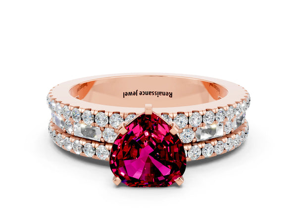 Rose gold Heart Cut Garnet Solitaire Ring with Pavé and Channel Set Band