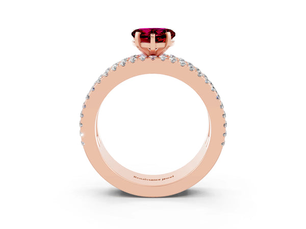 Rose gold Heart Cut Garnet Solitaire Ring with Pavé and Channel Set Band