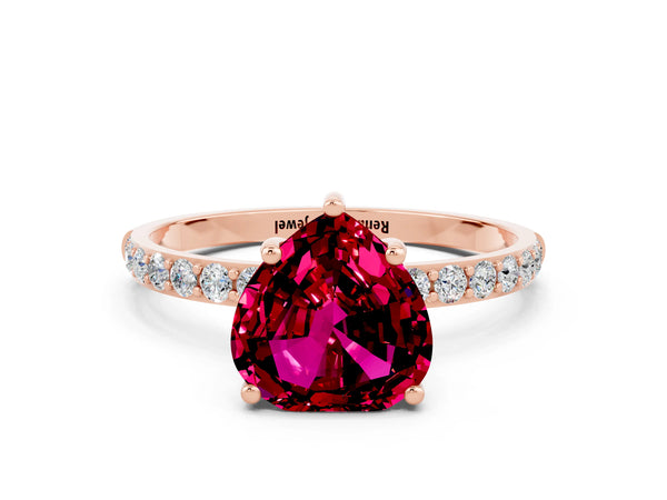 Rose gold Heart Cut Garnet Solitaire Ring with Round  Pavé Band and Prong Setting