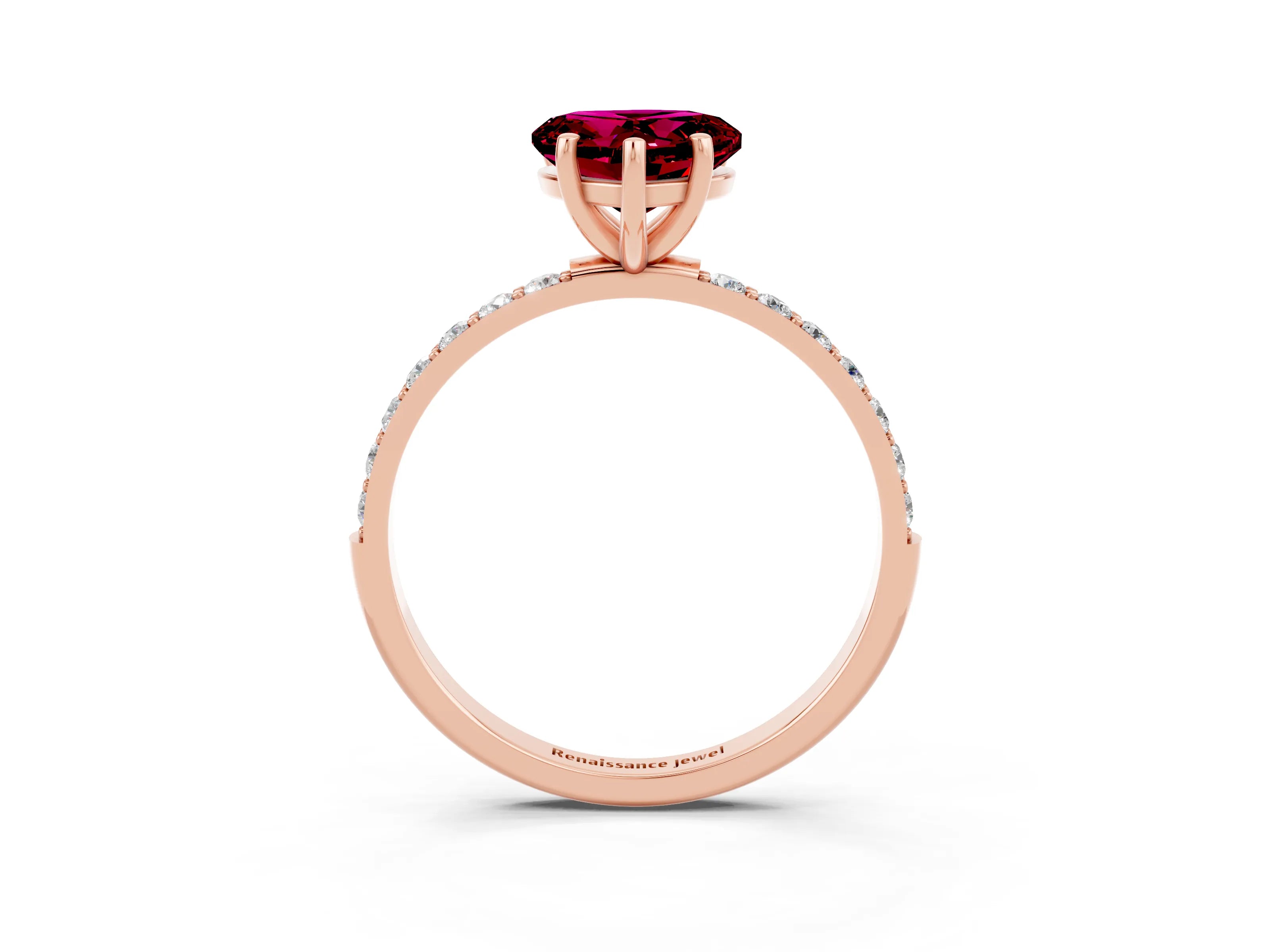 Rose gold Heart Cut Garnet Solitaire Ring with Pave Band and Four Prong Setting_27