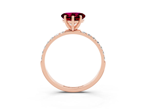 Rose gold Heart Cut Garnet Solitaire Ring with Round  Pavé Band and Prong Setting