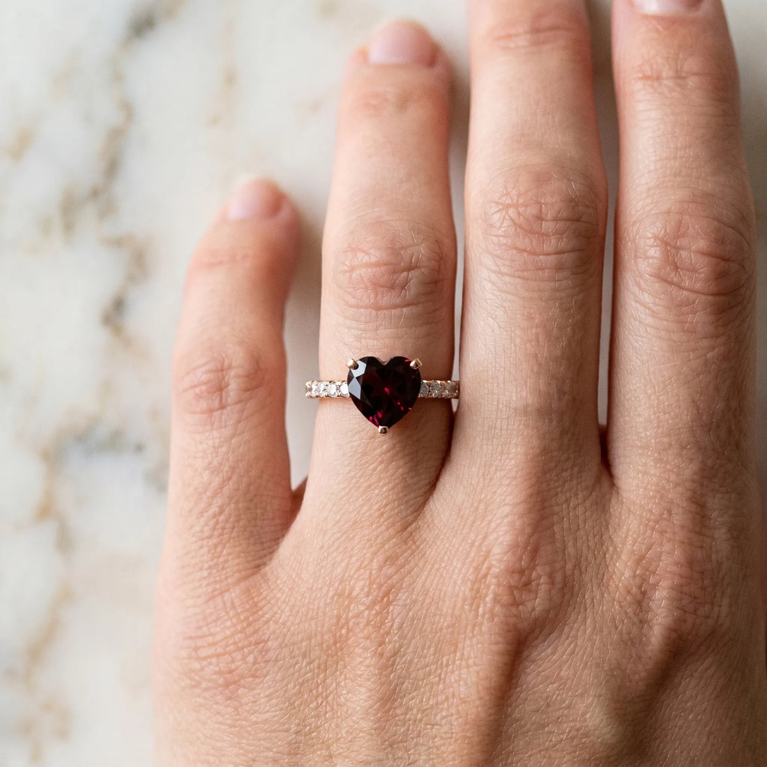 Rose gold Heart Cut Garnet Solitaire Ring with Round  Pavé Band and Four-Prong Setting_42