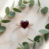 Rose gold Heart Cut Garnet Solitaire Ring with Round  Pavé Band and Four-Prong Setting_45