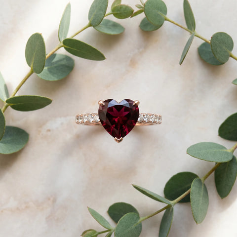 Rose gold Heart Cut Garnet Solitaire Ring with Round  Pavé Band and Four-Prong Setting_45