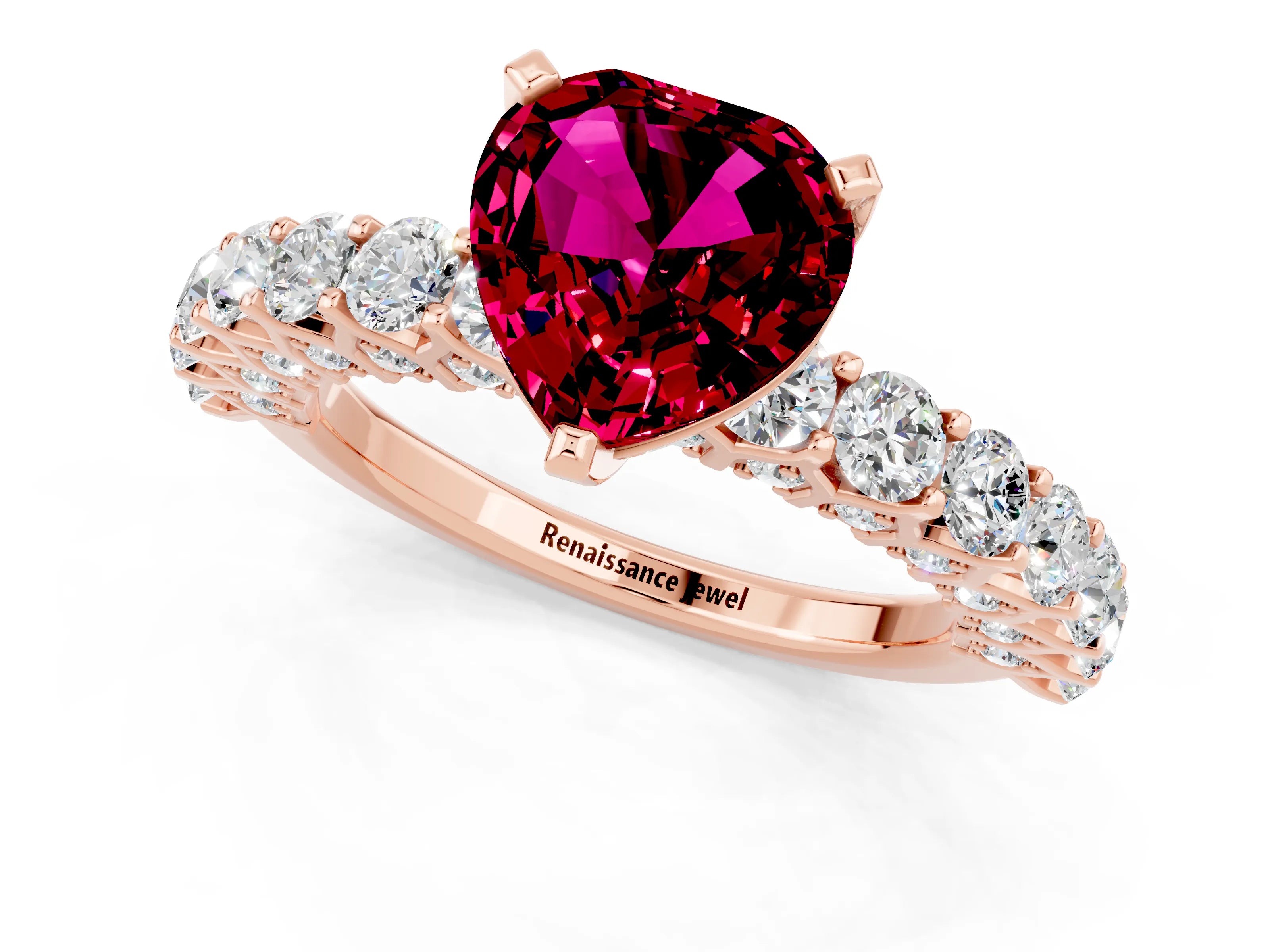 Rose gold Heart Cut Garnet Solitaire Ring with Shared Prong Pavé Band and Four-Prong Setting_1