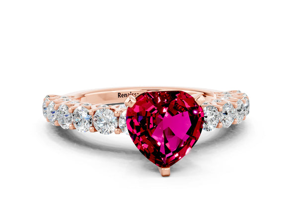 Rose gold Heart Cut Garnet Solitaire Ring with Shared Prong Pavé Band and Four-Prong Setting