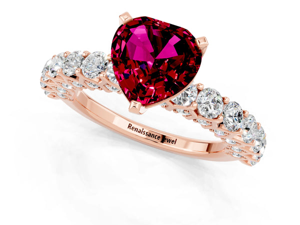 Rose gold Heart Cut Garnet Solitaire Ring with Shared Prong Pavé Band and Four-Prong Setting