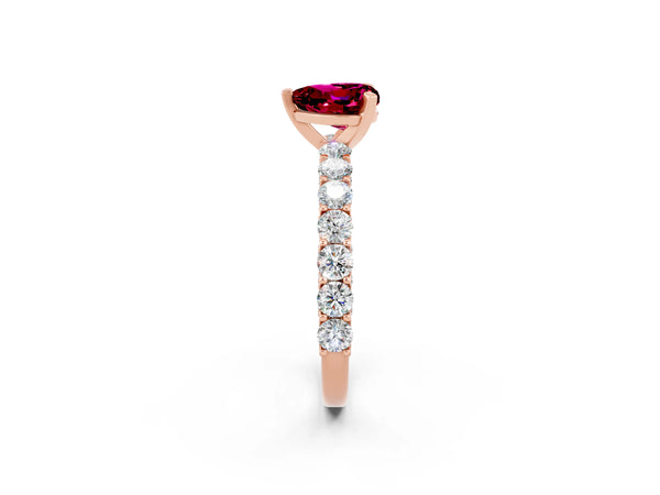 Rose gold Heart Cut Garnet Solitaire Ring with Shared Prong Pavé Band and Four-Prong Setting