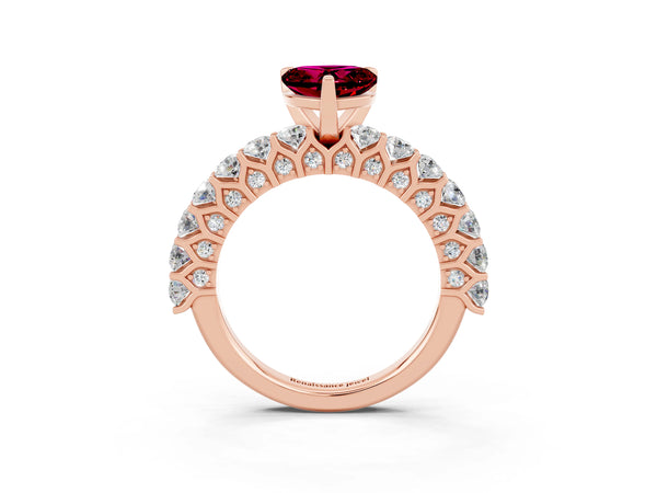 Rose gold Heart Cut Garnet Solitaire Ring with Shared Prong Pavé Band and Four-Prong Setting