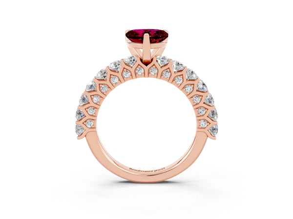 Rose gold Heart Cut Garnet Solitaire Ring with Shared Prong Pavé Band and Four-Prong Setting